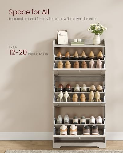 VASAGLE Shoe Storage Cabinet with 3 Flip Drawers, Slim, Holds 12‑20 Pairs