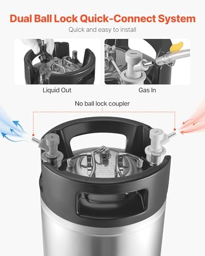 VEVOR Corny Keg, 5 Gallon Ball Lock Keg, SUS304 Cold Brew Kegs with Dual Rubber Handles & Heavy-Duty Rubber Bottom, Brewing Equipment for Home Brewing Party, 1 PCS