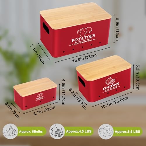 Kitchen Vegetable Storage Set of 3, Metal Onion Garlic Potato Storage Set, Kitchen Canisters Vegetable Keeper Containers with Aerating Holes and Bamboo Lid，Red