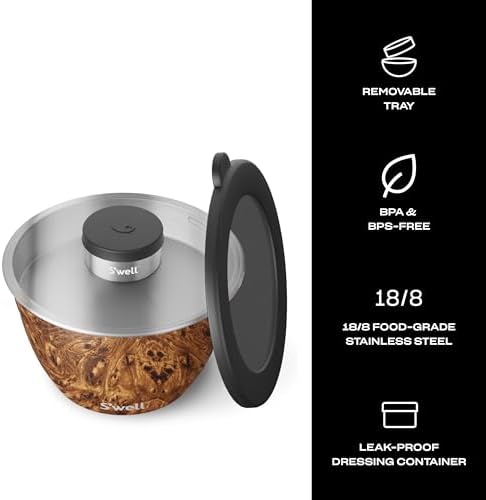 S’well Stainless Steel 64oz Salad Bowl Kit, Teakwood Finish, Includes 2oz Condiment Container and Removable Tray, Leak-Proof and Easy to Clean, Dishwasher Safe