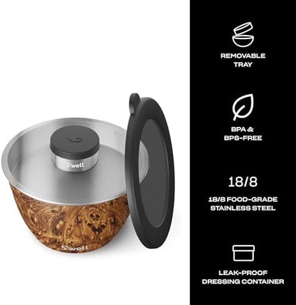 S’well Stainless Steel 64oz Salad Bowl Kit, Teakwood Finish, Includes 2oz Condiment Container and Removable Tray, Leak-Proof and Easy to Clean, Dishwasher Safe