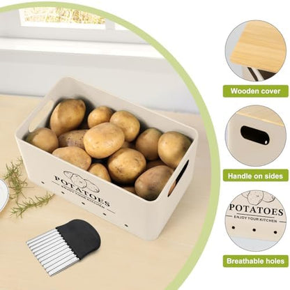 Kitchen Vegetable Storage Set of 3, Metal Onion Garlic Potato Storage Set, Kitchen Canisters Vegetable Keeper Containers with Aerating Holes and Bamboo Lid，Beige