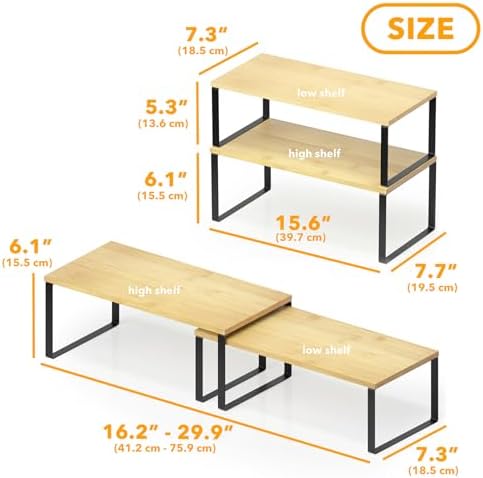 SpaceAid Cabinet Shelf Organizers 8 Pack, Kitchen Counter Rack Shelves Riser, Stackable Expandable Spice Rack, Pantry Cupboard Storage Organization (Black and Natural, Long)