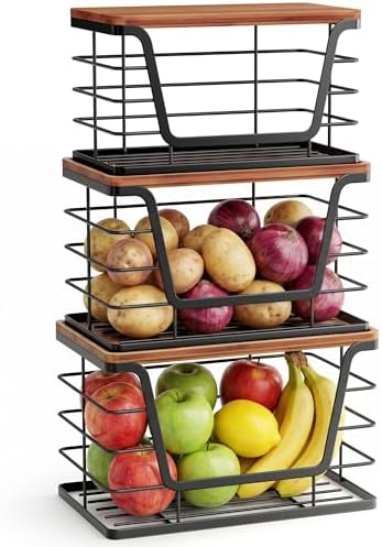 ALOCEO 3 Pack Stackable Storage Bins with Lids, Stainless Steel Trash Bag Dispenser Roll Holder for for Kitchen Sink, Laundry, Pantry Organizer and Storage, Walnut Black