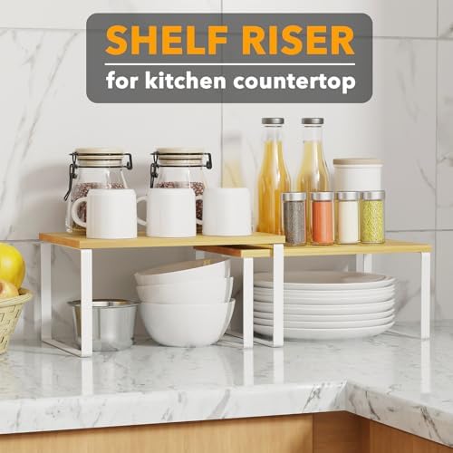 SpaceAid Cabinet Shelf Organizers 2 Pack, Kitchen Counter Rack Shelves Riser, Stackable Expandable Spice Rack, Pantry Cupboard Storage Organization (White and Natural, Short)