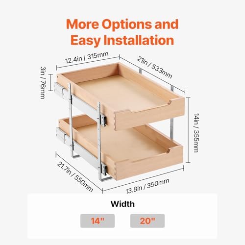 VEVOR 2 Tier Pull Out Cabinet Organizer, 14" W x 21" D Cabinet Drawer, Soft Close Slide out Shelf, Heavy-Duty Sliding Wood Drawer, Adjustable Base Cabinet Organization for Kitchen Pantry Bathroom