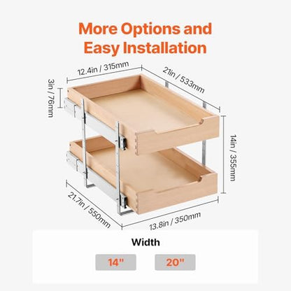 VEVOR 2 Tier Pull Out Cabinet Organizer, 14" W x 21" D Cabinet Drawer, Soft Close Slide out Shelf, Heavy-Duty Sliding Wood Drawer, Adjustable Base Cabinet Organization for Kitchen Pantry Bathroom