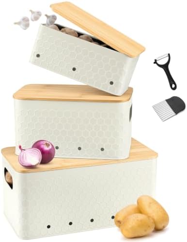 Kitchen Vegetable Storage Set of 3, Metal Onion Garlic Potato Storage Set, Kitchen Canisters Vegetable Keeper Containers with Aerating Holes and Bamboo Lid,Embossed Beige