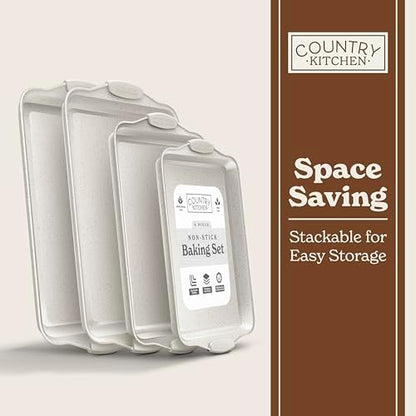 Country Kitchen Nonstick Stackable Bakeware Set - Heavy Duty, Durable, Easy Release Baking Set, Cream, 4 Pcs