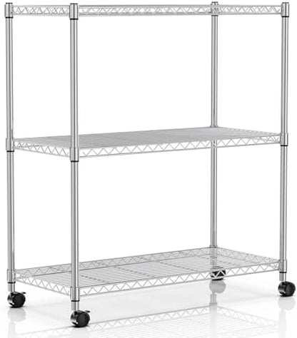 Simple Deluxe 3-Tier Heavy Duty Storage Shelves 750Lb Capacity, 24.02" D x 13.78" W x 29.92" H Adjustable Shelving Unit with Wheels, Chrome