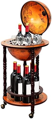 COSTWAY Globe Wine Bar Cabinet, Italian Replica Bar Cart with Wheels and Liquor Bottle Shelf, Solid Wood Wine Bar Stand for Home, Kitchen, Bar, Pub (Brown)