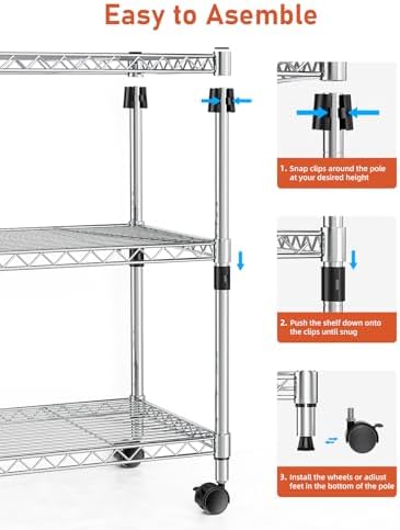 Simple Deluxe 3-Tier Heavy Duty Storage Shelves 750Lb Capacity, 24.02" D x 13.78" W x 29.92" H Adjustable Shelving Unit with Wheels, Chrome