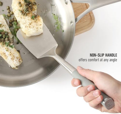 Calphalon Edge Solid Turner, Cooking Spatula, Kitchen Spatula, Stainless Steel Turner with Silicone Heat Resistance Handle, Nonstick-Safe Spatula with Ergonomic Handle (Taupe)