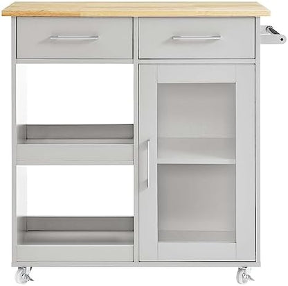 Modway Culinary Rolling Kitchen Cart with Storage in Light Gray Natural - 3 Tiers Kitchen Island on Wheels with Towel Bar, Functional as a Coffee Station, Bar Cabinet or Butcher Block Island