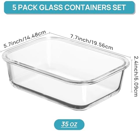 Vtopmart 5 Pack 35oz Glass Food Storage Containers with Lids, Pink