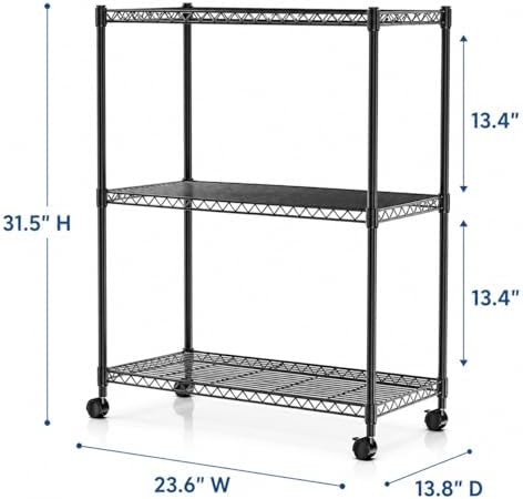 Simple Deluxe 3-Tier Heavy Duty Adjustable Storage Shelf with Wheels, 23.23”W x 13.39”D x 30.31”H, Mobile or Stationary Metal Shelving Unit, Easy Assembly for Kitchen, Pantry, Laundry Room, Black