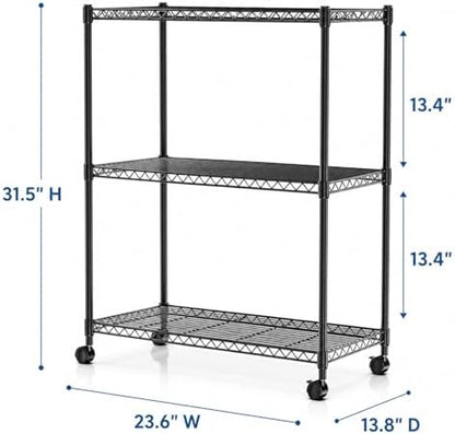 Simple Deluxe 3-Tier Heavy Duty Adjustable Storage Shelf with Wheels, 23.23”W x 13.39”D x 30.31”H, Mobile or Stationary Metal Shelving Unit, Easy Assembly for Kitchen, Pantry, Laundry Room, Black