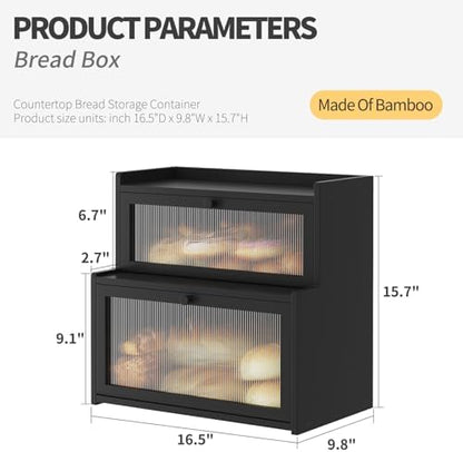 Double Layer Bamboo Bread Box for Kitchen Counter,Bread Holder,Countertop Bread Storage with Window (Black)