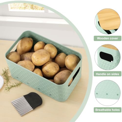Kitchen Vegetable Storage Set of 3, Metal Onion Garlic Potato Storage Set, Kitchen Canisters Vegetable Keeper Containers with Aerating Holes and Bamboo Lid,Embossed Saga Green