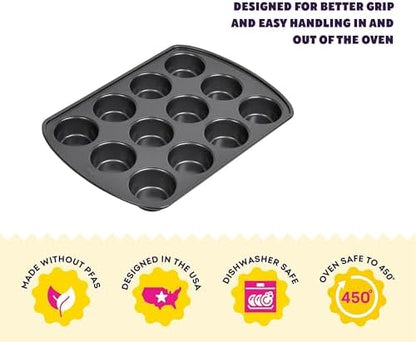 Wilton Gold Non-Stick Bakeware Muffin Pan-Baking Pan for Muffins & Cupcakes-Made Without PFAS,Dent Resistant&Dishwasher Friendly-Offers Even Heat Distribution-10.5 x 15 x 2 Inches, 12 Cup (Pack of 6)