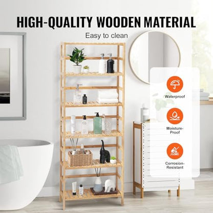 VEVOR 6-Tier Bamboo Shelf, Open Wood Bookshelf, Display Storage Rack Organizer, Freestanding Flower Plant Stand, Multifunctional Bamboo Bookshelf Ideal for Bathroom, Bedroom, Office, Study, Natural