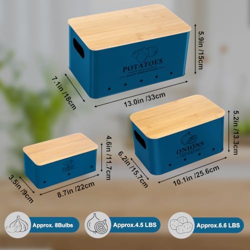 Kitchen Vegetable Storage Set of 3, Metal Onion Garlic Potato Storage Set, Kitchen Canisters Vegetable Keeper Containers with Aerating Holes and Bamboo Lid,Dark Blue