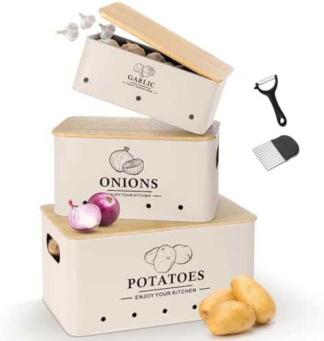 Kitchen Vegetable Storage Set of 3, Metal Onion Garlic Potato Storage Set, Kitchen Canisters Vegetable Keeper Containers with Aerating Holes and Bamboo Lid，Beige