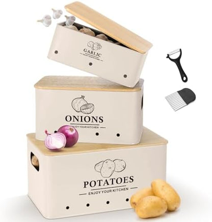 Kitchen Vegetable Storage Set of 3, Metal Onion Garlic Potato Storage Set, Kitchen Canisters Vegetable Keeper Containers with Aerating Holes and Bamboo Lid，Beige