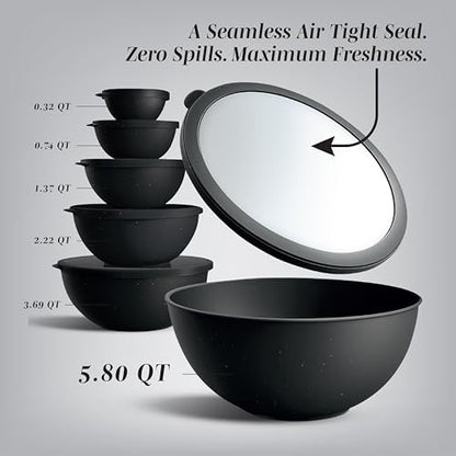 COOK WITH COLOR Mixing Bowls with TPR Lids - 12 Piece Plastic Nesting Bowls Set includes 6 Prep Bowls and 6 Lids, Microwave Safe (Speckled Black)