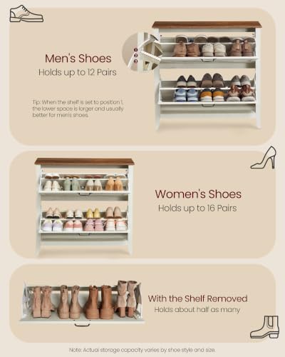 VASAGLE Farmhouse Shoe Cabinet, Narrow Storage Organizer, 2 Flip Drawers