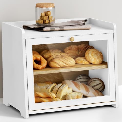 White Double Layer Bread Box for Kitchen Countertop, 2 Tier Large Breadbox