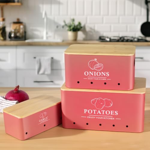 Kitchen Vegetable Storage Set of 3, Metal Onion Garlic Potato Storage Set, Kitchen Canisters Vegetable Keeper Containers with Aerating Holes and Bamboo Lid,Coral Red