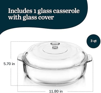 Libbey Round Casserole Dish with Lid, Elegant Glass Bakeware with Lids Stackable, Round Casserole Dishes for Oven, Refrigerator, Microwave, and More