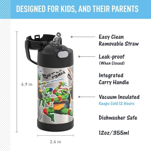 THERMOS FUNTAINER Water Bottle with Straw - 12 Ounce - Kids Stainless Steel Vacuum Insulated Water Bottle with Lid, Teenage Mutant Ninja Turtles (Pack of 6)
