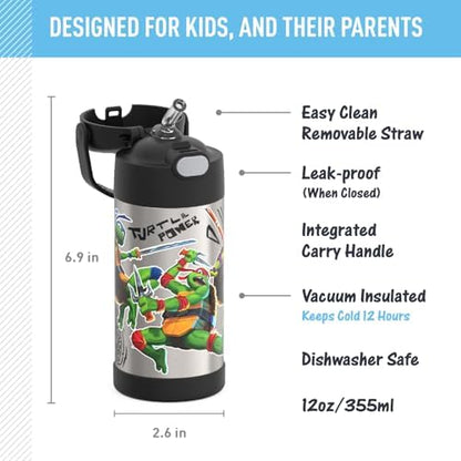 THERMOS FUNTAINER Water Bottle with Straw - 12 Ounce - Kids Stainless Steel Vacuum Insulated Water Bottle with Lid, Teenage Mutant Ninja Turtles (Pack of 6)
