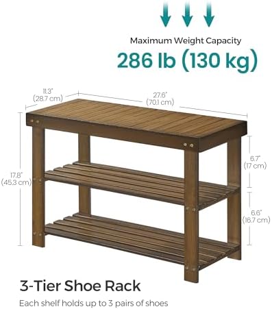 SONGMICS Shoe Rack Bench, 3-Tier Bamboo Entryway Bench, 27.6 Inches Width