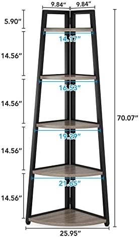 Tribesigns 70 inch Tall Corner Shelf, 5 Tier Industrial Corner Bookshelf Bookcase Industrial Corner Ladder Shelf Plant Stand for Living Room, Kitchen, Home Office (Grey)
