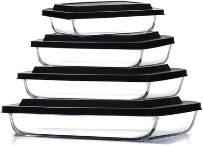 EATEX 8-Piece Deep Glass Casserole Dishes for Oven with Plastic Lids, Glass Baking Dishes for Oven, Rectangular Bakeware for Lasagna, Cooking, Leftovers, Kitchen, Freezer to Oven Dishwasher Safe