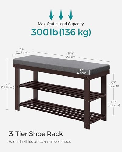 SONGMICS Bamboo Shoe Bench, 3-Tier Shoe Rack, 11.8 x 35.4 x 19.2 Inches