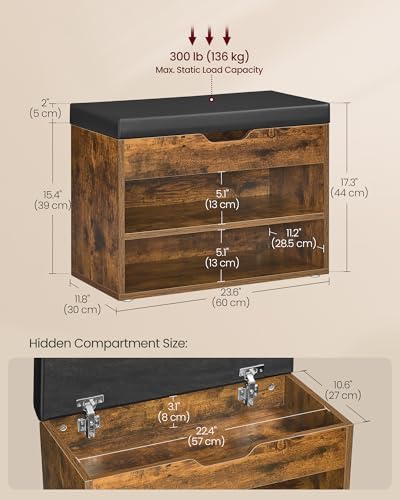 VASAGLE Storage Bench with Cushion, Shoe Bench, 11.8 x 23.6 x 17.3 Inches