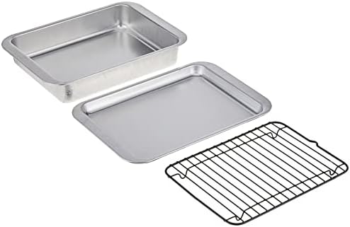Nordic Ware Naturals 3 Piece Compact Pan Set, Toaster Oven, Counter Ovens, Air Fryer and Broiler Safe, Size for 1-2 Portions - Includes Baking Sheet, Broiling Rack and Rectangular Pan