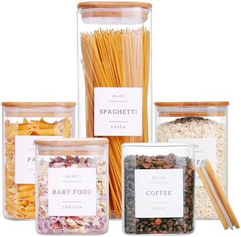 CZZGSM 5 Pack Square Glass Pantry Storage Containers with 132 Kitchen Food Pantry Labels - Clear Glass Jars with Airtight Wood Bamboo Lids - Glass Canisters for Cookies, Nuts, Cereal