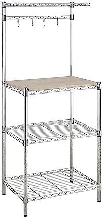 Amazon Basics Kitchen Storage Baker's Rack with Removable Wood Top, Chrome/Beige, 24"W x 59"H x 18"D