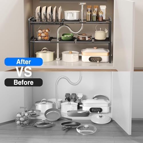 Mustorn Pots and Pans Organizer Under Cabinet, Expandable 2 Tier Under Sink Organizers and Storage Adjustable Height Kitchen Pot and Pan Lid Holder Rack with 6 Dividers(6panels,1 Pot rack, Black)