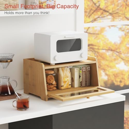 Goozii Wood Bread Box for Kithcen Countertop, Rustic Breadox Storage Container for Homemade Bread, Small Compact Bread Keeper Holder Organizer with Window (Natural Bamboo)