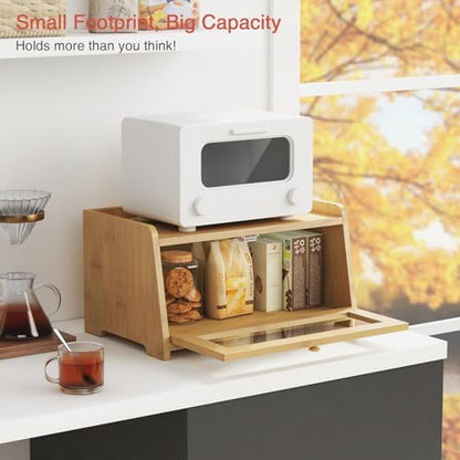 Goozii Wood Bread Box for Kithcen Countertop, Rustic Breadox Storage Container for Homemade Bread, Small Compact Bread Keeper Holder Organizer with Window (Natural Bamboo)