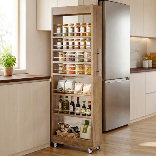 Tribesigns 73" Tall Slim Storage Cart on Rubber Wheels, 7-Tier Narrow Pantry Cabinet, Rolling Skinny Spice Rack Organizer Next to Fridge, Wooden Pull-Out Storage Shelf for Kitchen Small Spaces, Brown