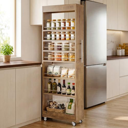 Tribesigns 73" Tall Slim Storage Cart on Rubber Wheels, 7-Tier Narrow Pantry Cabinet, Rolling Skinny Spice Rack Organizer Next to Fridge, Wooden Pull-Out Storage Shelf for Kitchen Small Spaces, Brown