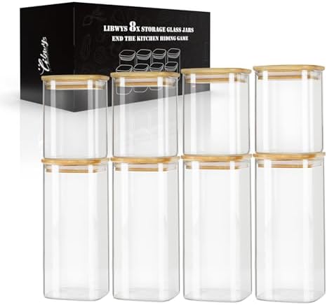 LIBWYS 8-Pack Square Glass Storage Jars with Bamboo Lids (0.6Qt/1.06Qt)