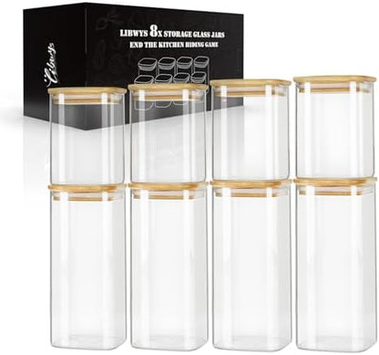 LIBWYS 8-Pack Square Glass Storage Jars with Bamboo Lids (0.6Qt/1.06Qt)